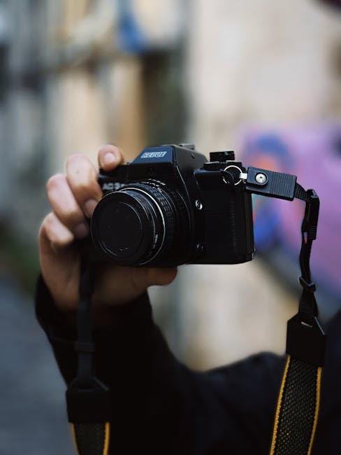 Person walking slowly along a neighborhood street with a camera in hand